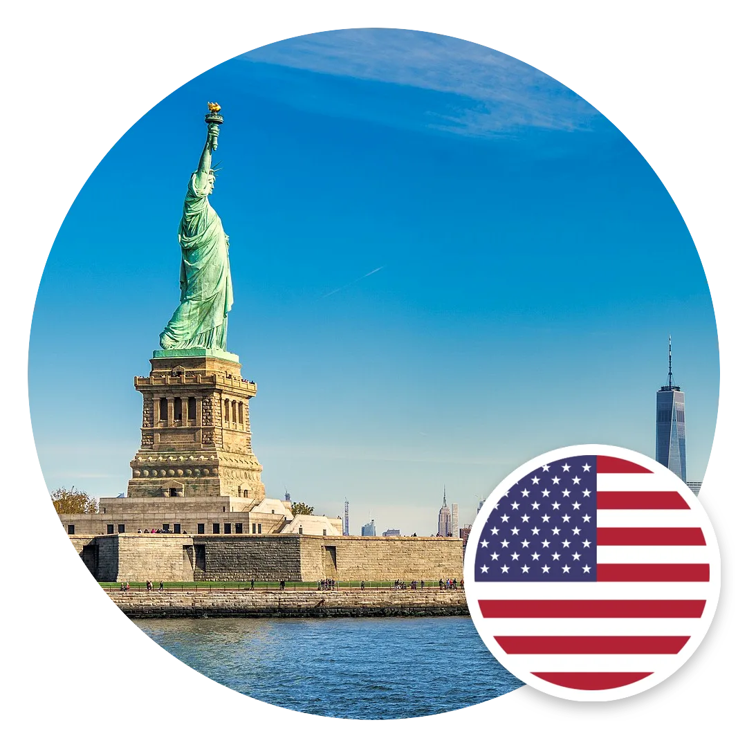 Statue of Liberty and New York skyline with the US flag