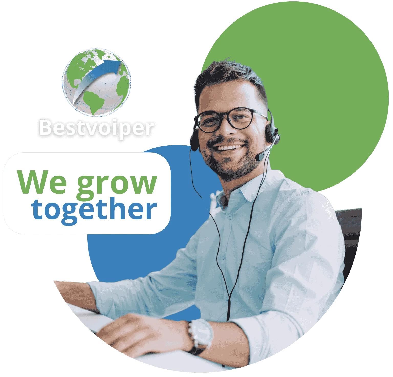 Call center agent with headphones smiling 