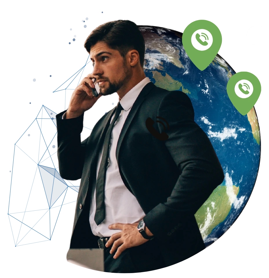 composición donde se observa un empresario llamando a diferentes lugares del mundo al usar la numeración did de bestvoiper