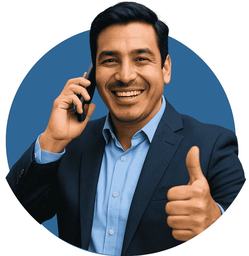 Hombre de negocios haciendo uso de BestPbx en su tableta con los pulgares arriba