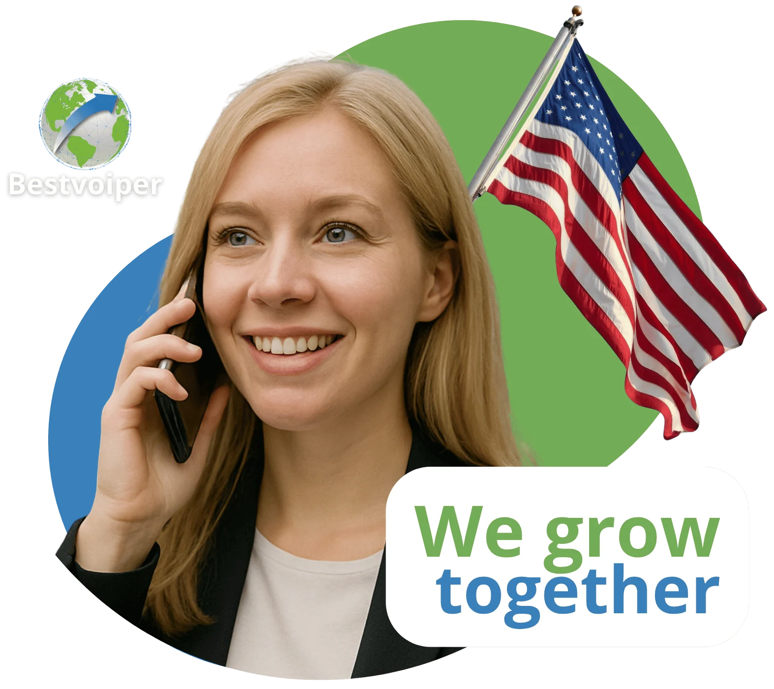 American businesswoman calling on her phone with the United States flag in the background