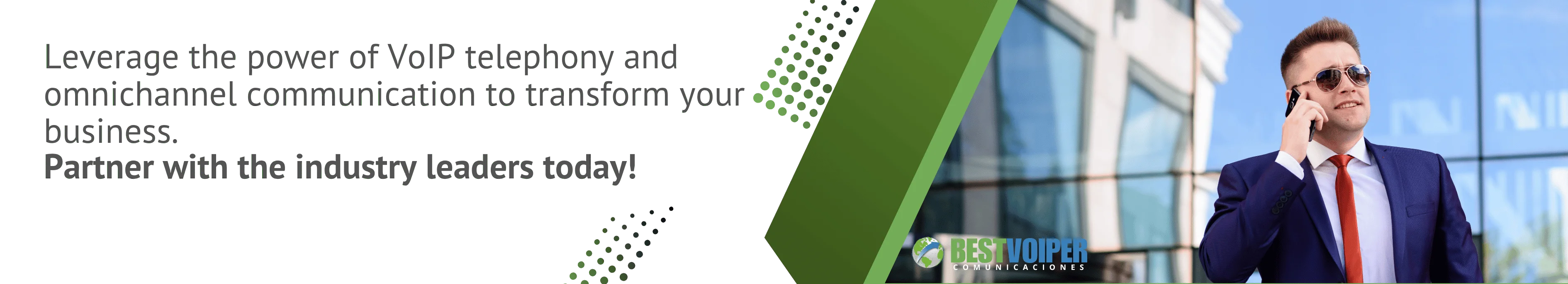 Banner with text on the left and a businessman talking on the phone on the right