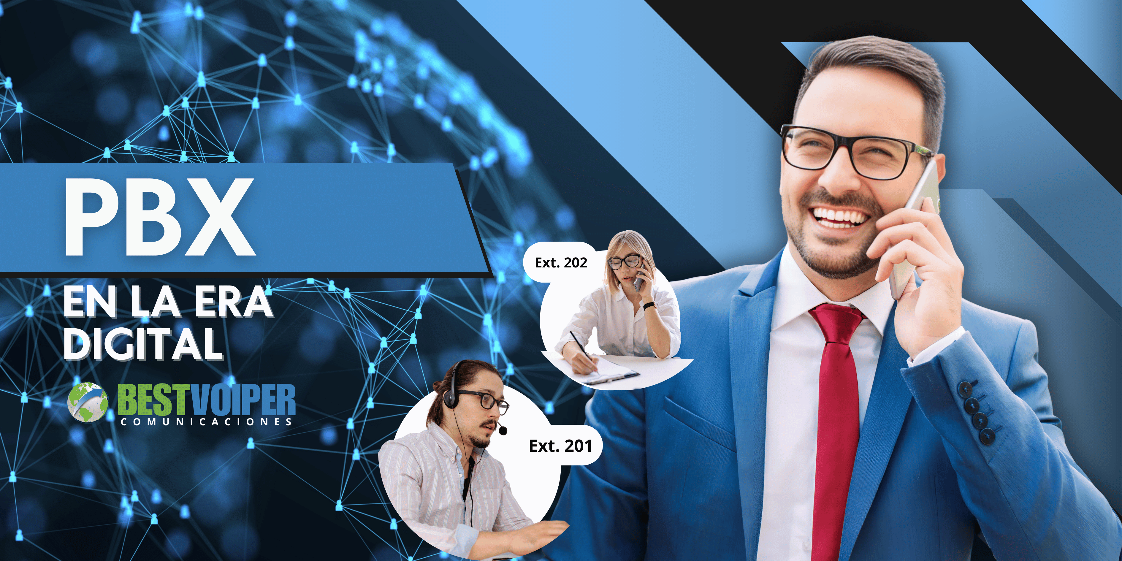 banner con letras a la izquierda y un empresario hablando por teléfono a la derecha. También tiene dos agentes call center comunicándose a través de extensiones.